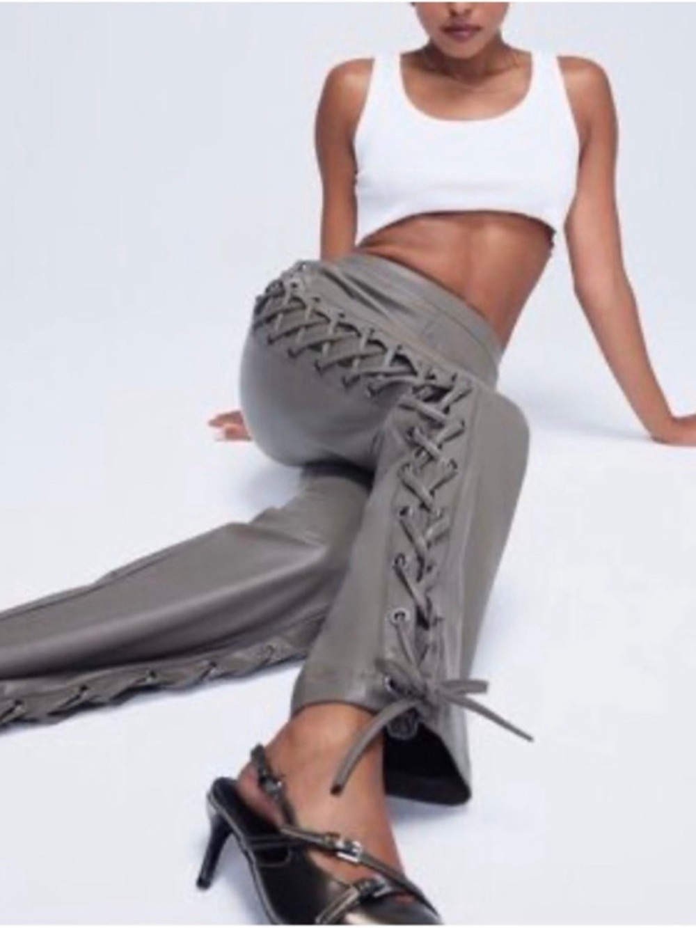 Lace-Up Faux Leather Wide Leg Pants